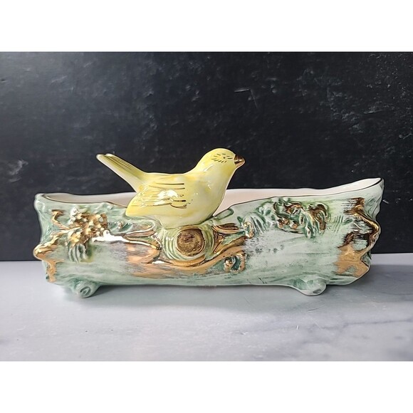 Ucagco Yellow Bird Ceramic Planter, Green Tree Trunk with Gold Gilding, Japan Vi - Picture 2 of 10